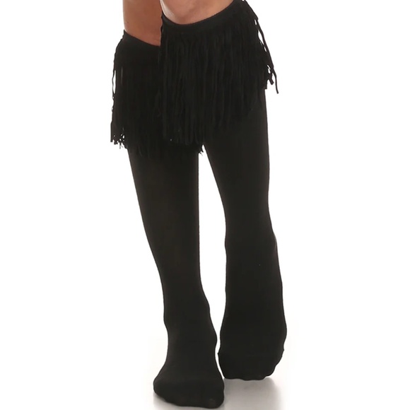 knee-high fringe cuff socks brown One Size - Picture 2 of 7